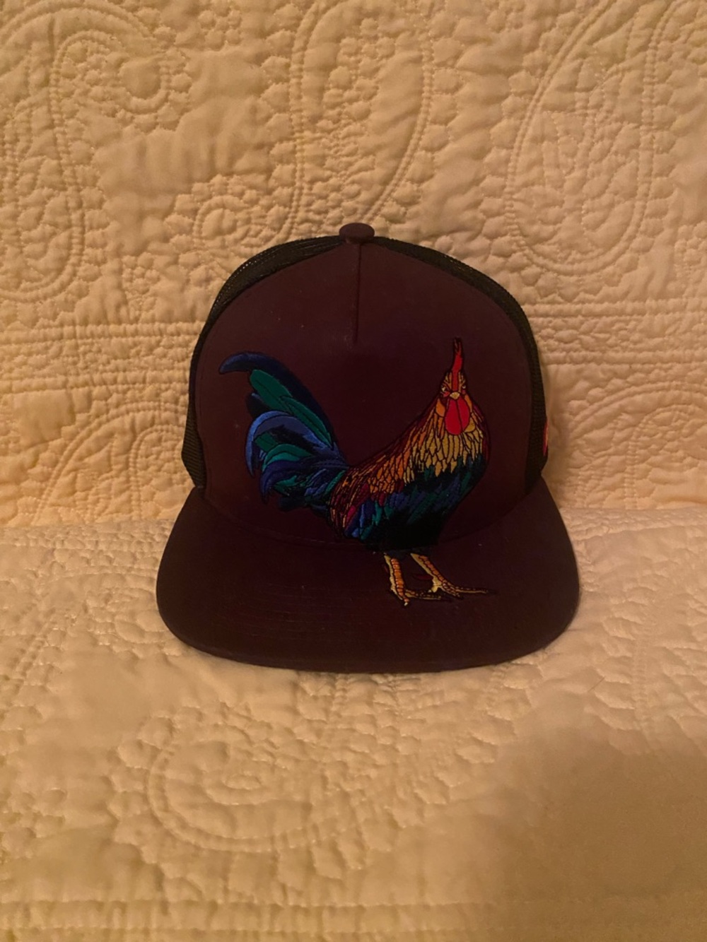 Embroidered Rooster Trucker Cap in Dark Navy with Multicolor Stitching